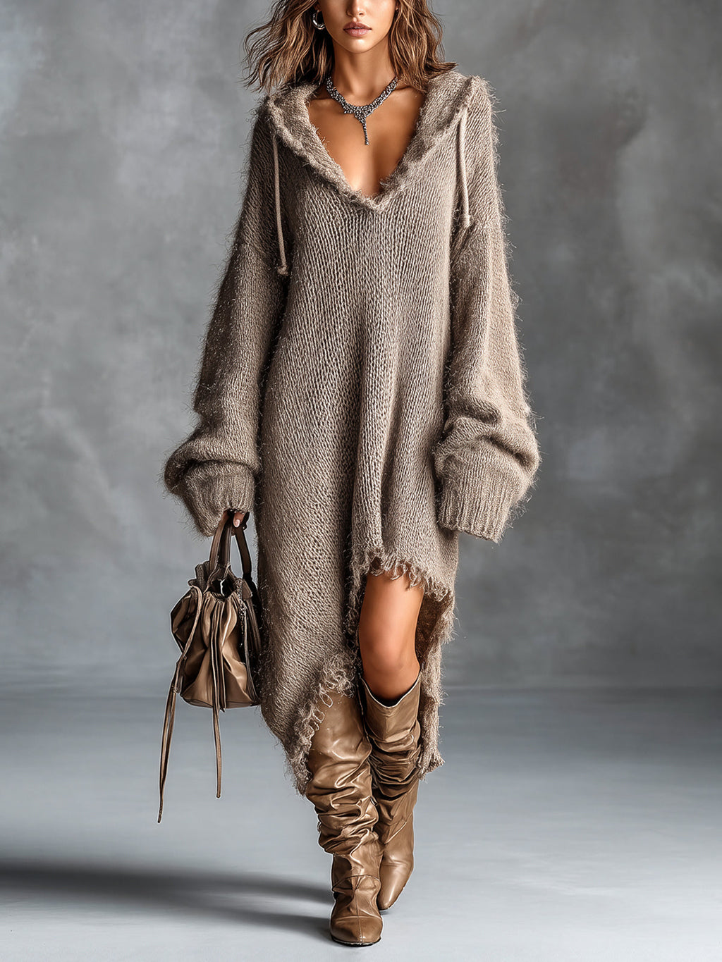 Sophia | Fuzzy Knit Hooded Oversized Dress