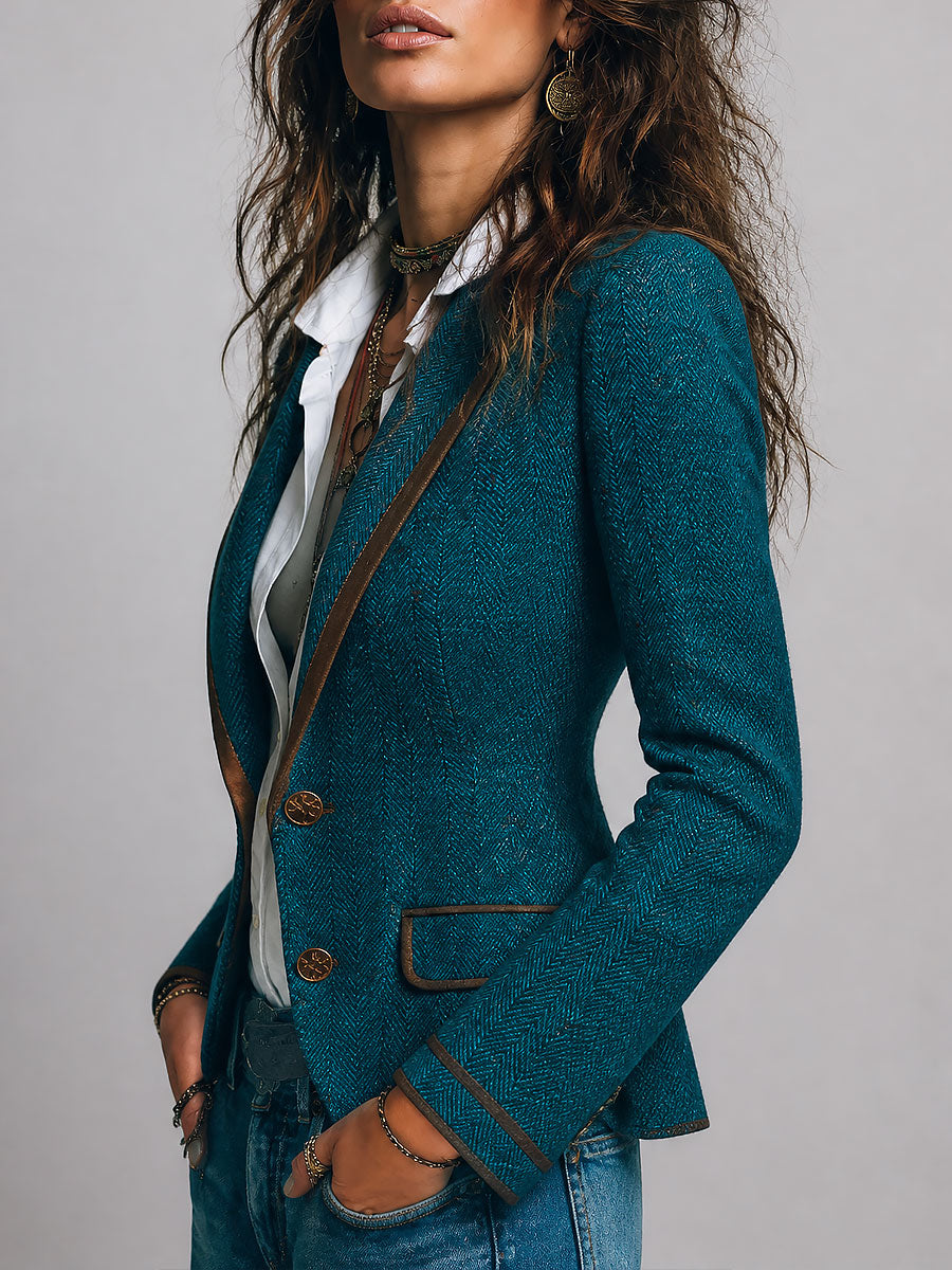 Karmen | Herringbone Fitted Contrast Trim Blazer