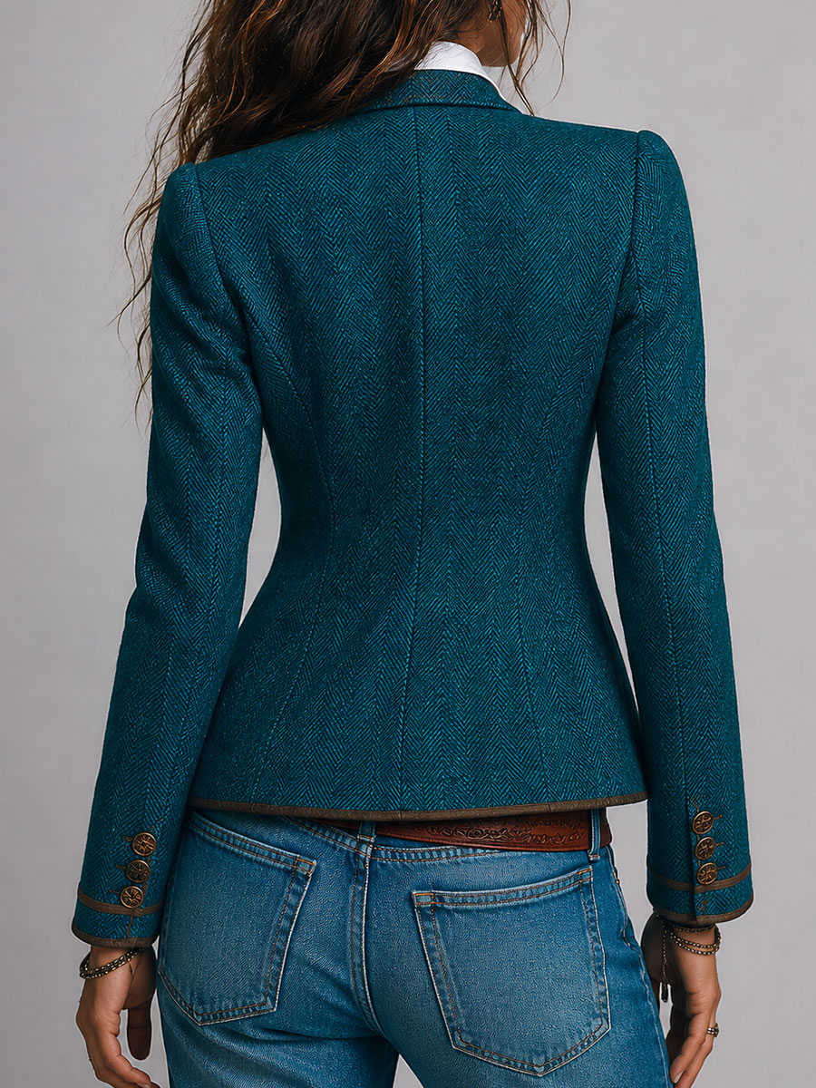 Karmen | Herringbone Fitted Contrast Trim Blazer