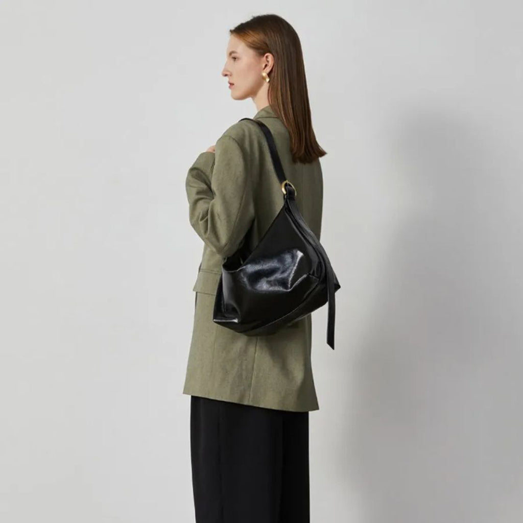 Women's Patent Vegan Leather Shoulder Bag with Curved Slouch