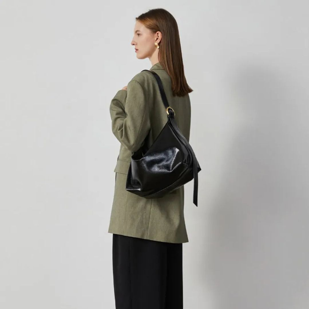 Women's Patent Vegan Leather Shoulder Bag with Curved Slouch