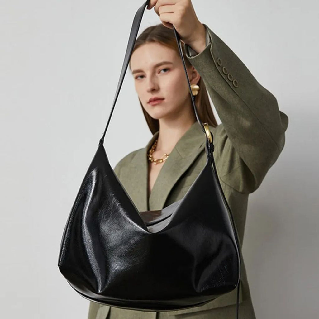 Women's Patent Vegan Leather Shoulder Bag with Curved Slouch
