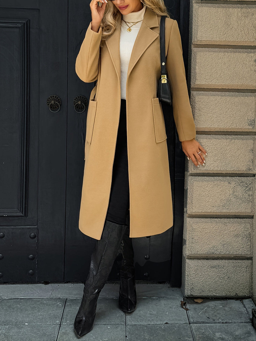 Women's Belted Long Coat Notch Lapel Front Pockets