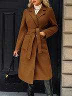Women's Belted Long Coat Notch Lapel Front Pockets