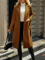 Women's Belted Long Coat Notch Lapel Front Pockets