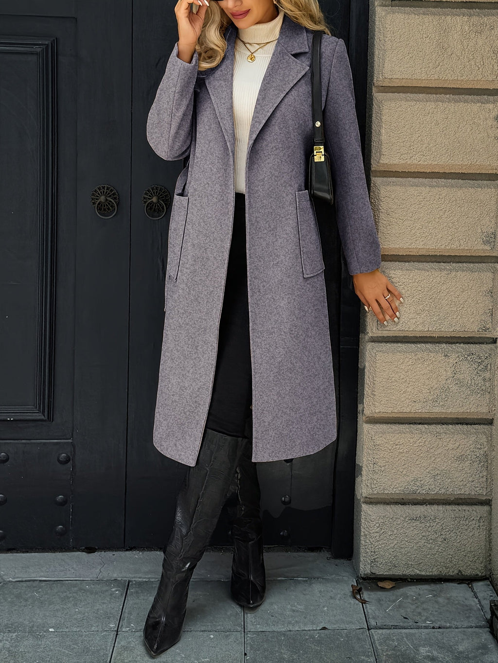 Women's Belted Long Coat Notch Lapel Front Pockets