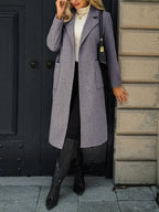 Women's Belted Long Coat Notch Lapel Front Pockets