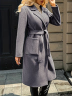 Women's Belted Long Coat Notch Lapel Front Pockets
