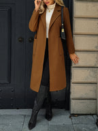 Women's Belted Long Coat Notch Lapel Front Pockets