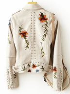 Women's Embroidered Biker Jacket with Floral Detail