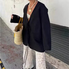 Women's Oversized Blazer with Deep V-Neck and Tie Closure