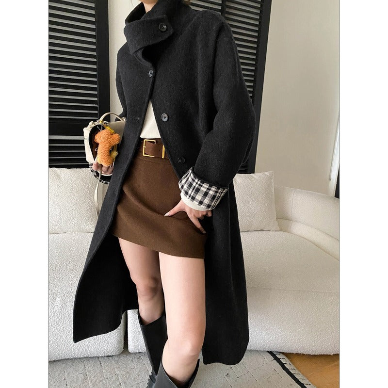 Women's Button-Front Wool-Blend Coat with Stand Collar