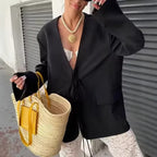 Women's Oversized Blazer with Deep V-Neck and Tie Closure