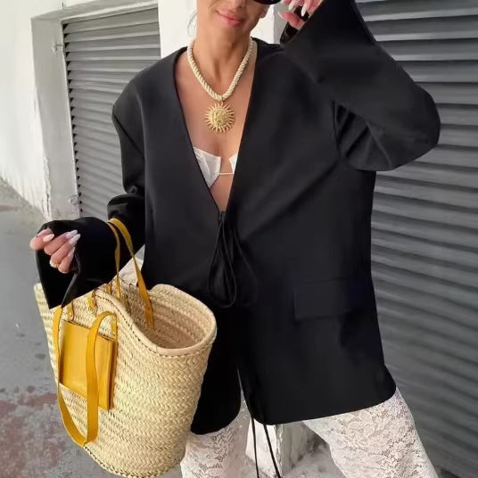 Women's Oversized Blazer with Deep V-Neck and Tie Closure