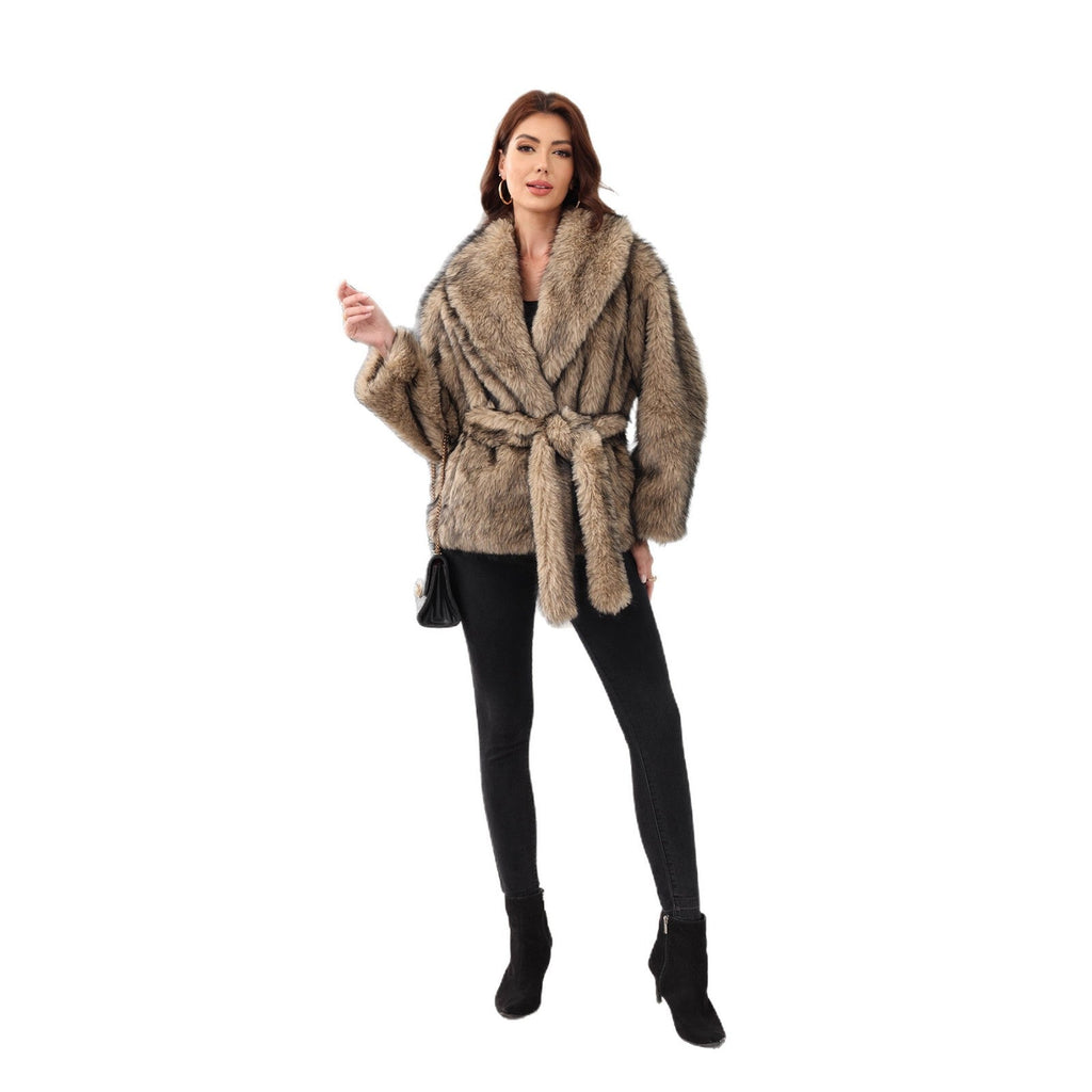 Women's Faux Fur Jacket with Shawl Collar and Tie Belt