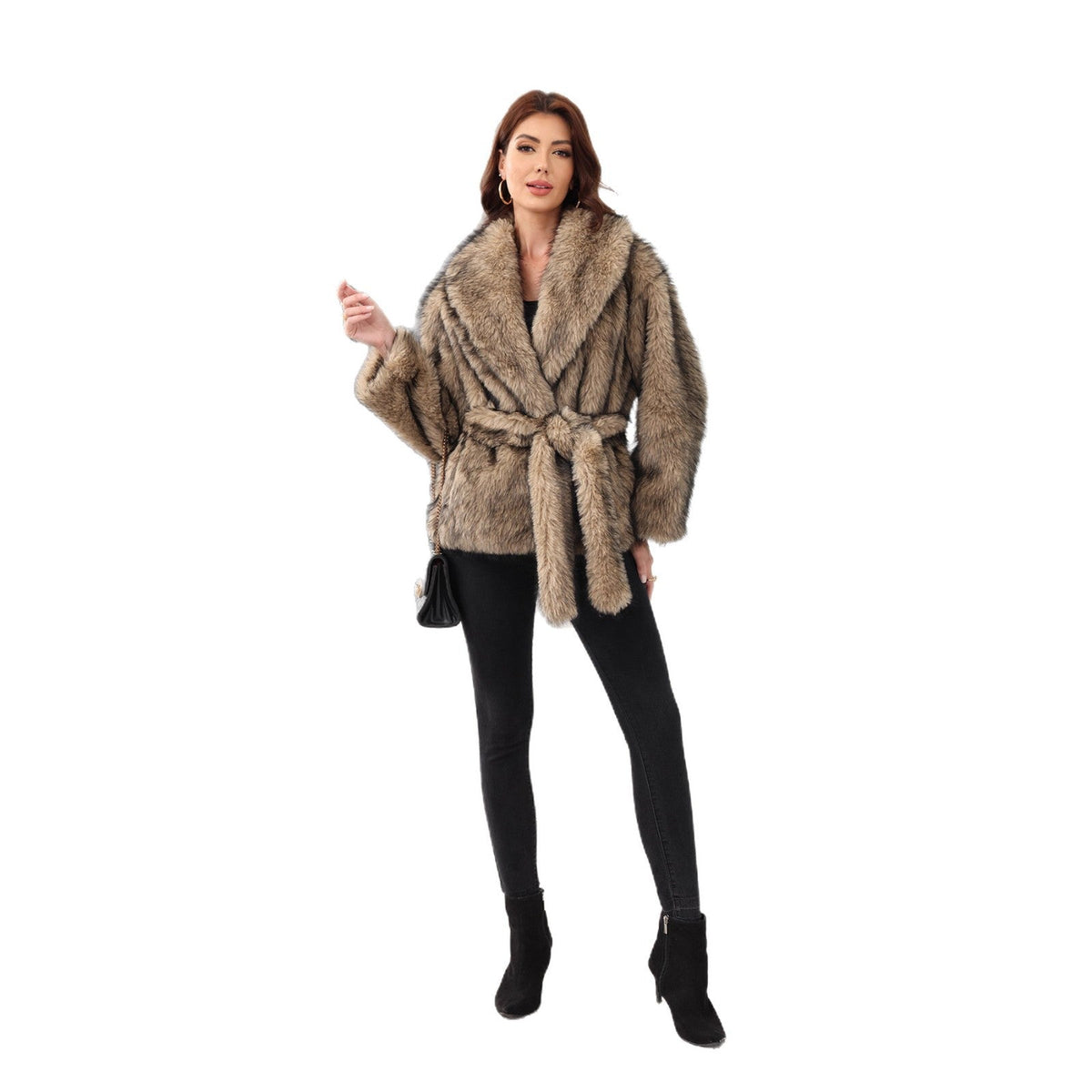 Women's Faux Fur Jacket with Shawl Collar and Tie Belt