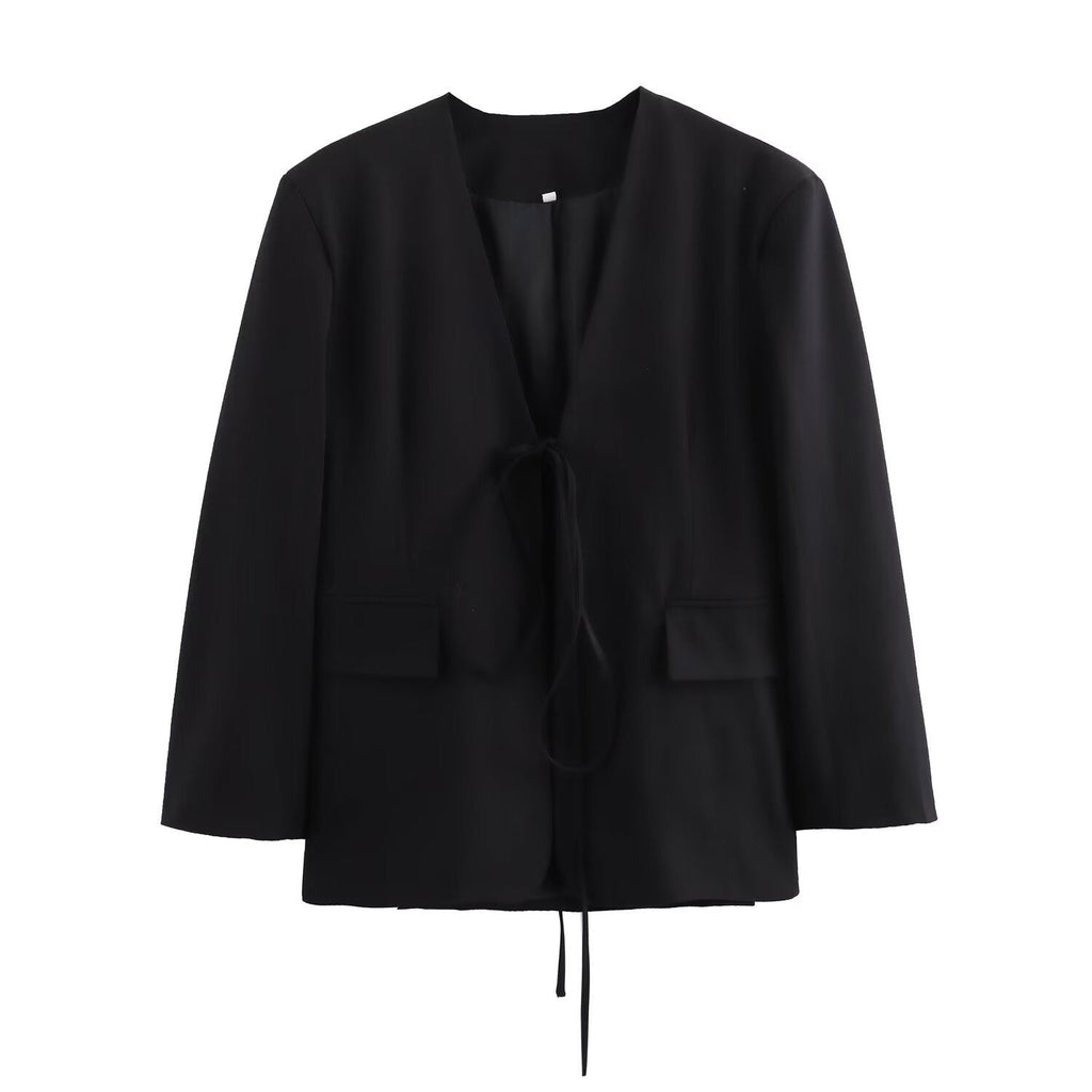 Women's Oversized Blazer with Deep V-Neck and Tie Closure