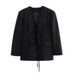 Women's Oversized Blazer with Deep V-Neck and Tie Closure