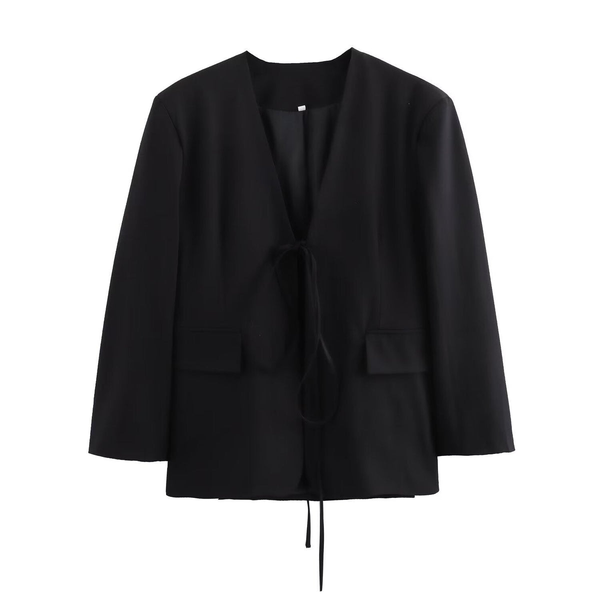 Women's Oversized Blazer with Deep V-Neck and Tie Closure