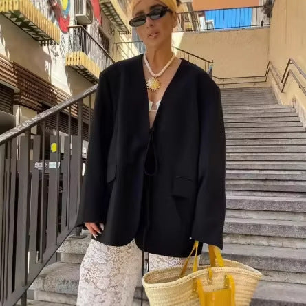 Women's Oversized Blazer with Deep V-Neck and Tie Closure