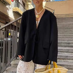 Women's Oversized Blazer with Deep V-Neck and Tie Closure