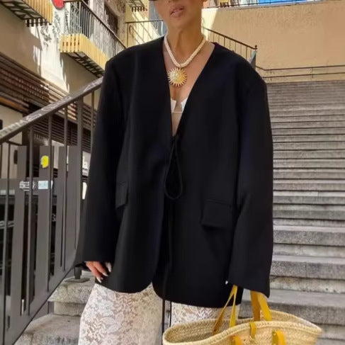 Women's Oversized Blazer with Deep V-Neck and Tie Closure