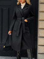 Women's Belted Long Coat Notch Lapel Front Pockets