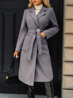 Women's Belted Long Coat Notch Lapel Front Pockets