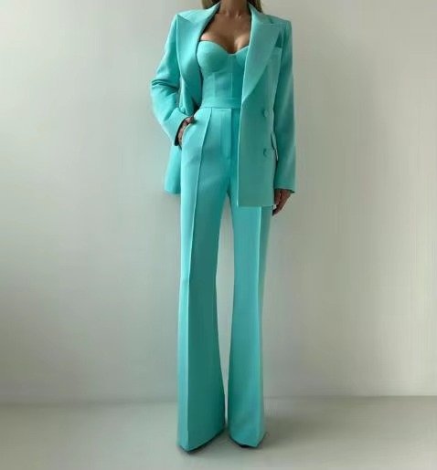 Women's Three-Piece Blazer Set Corset Top Flared Trousers