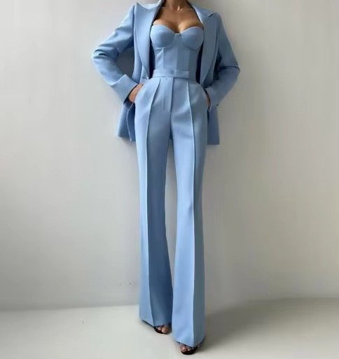 Women's Three-Piece Blazer Set Corset Top Flared Trousers