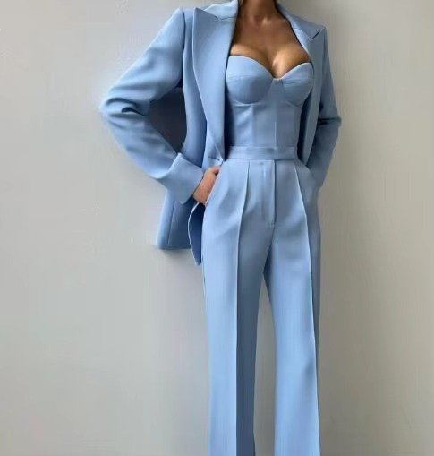 Women's Three-Piece Blazer Set Corset Top Flared Trousers