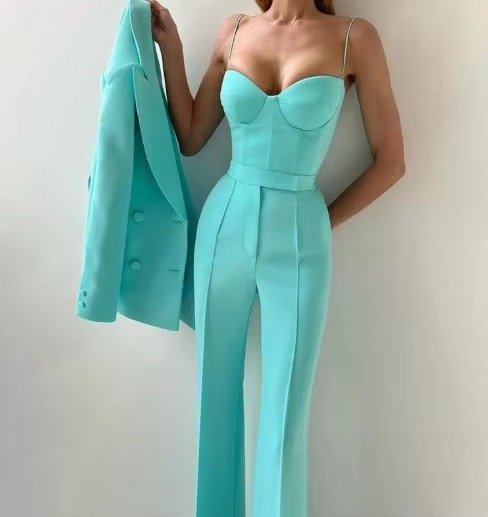 Women's Three-Piece Blazer Set Corset Top Flared Trousers