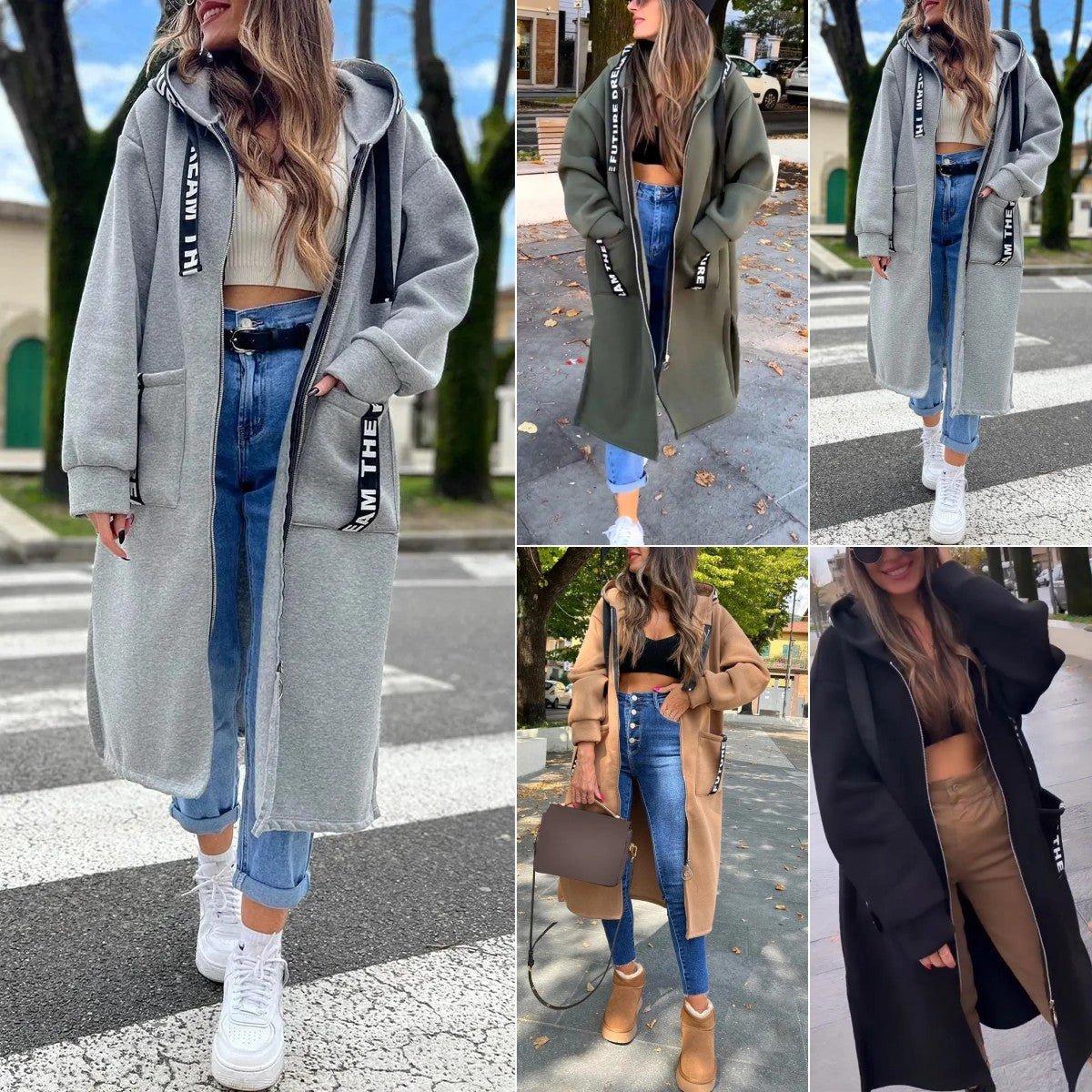 Women's Oversized Hooded Coat Long Zip-Up with Logo Detail