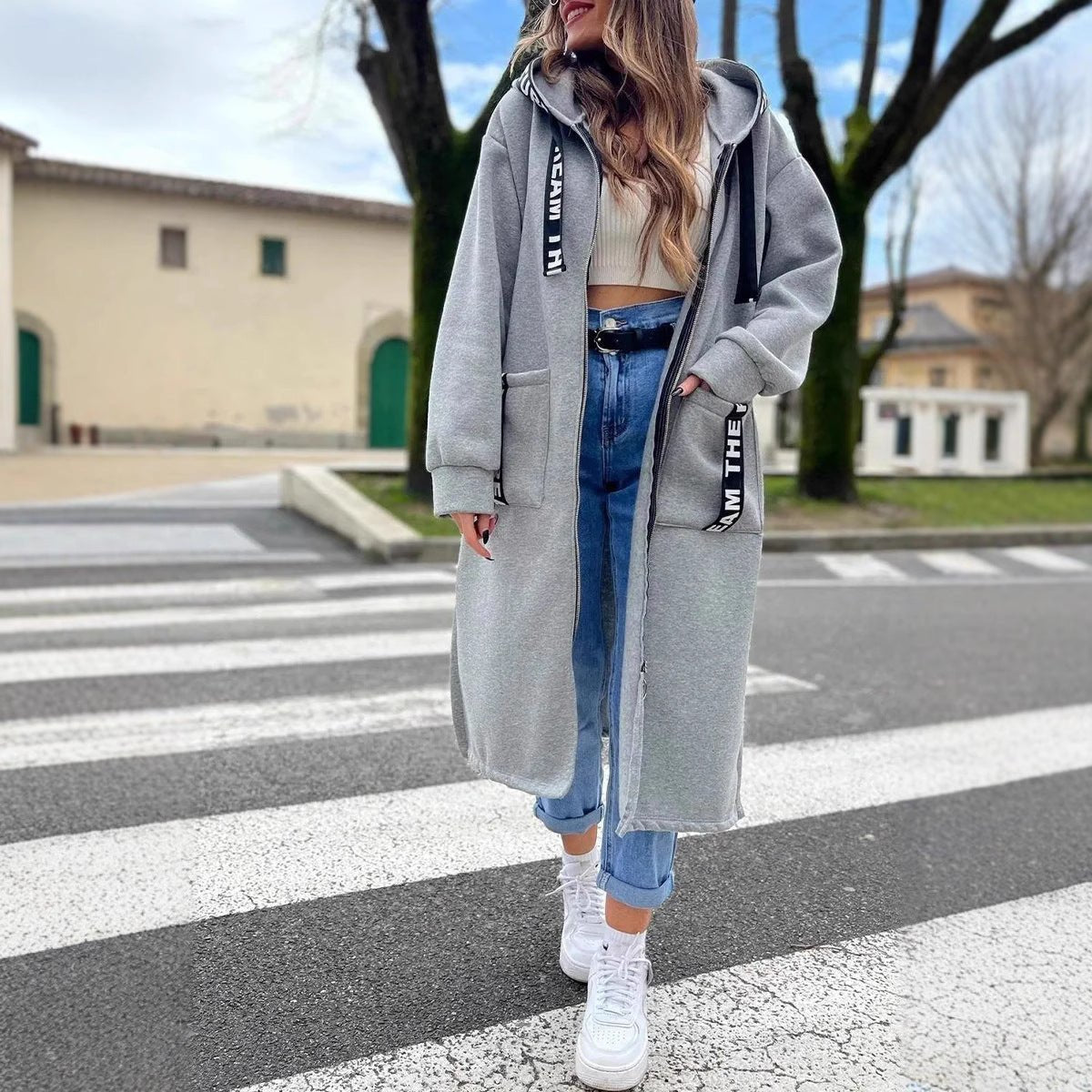 Women's Oversized Hooded Coat Long Zip-Up with Logo Detail