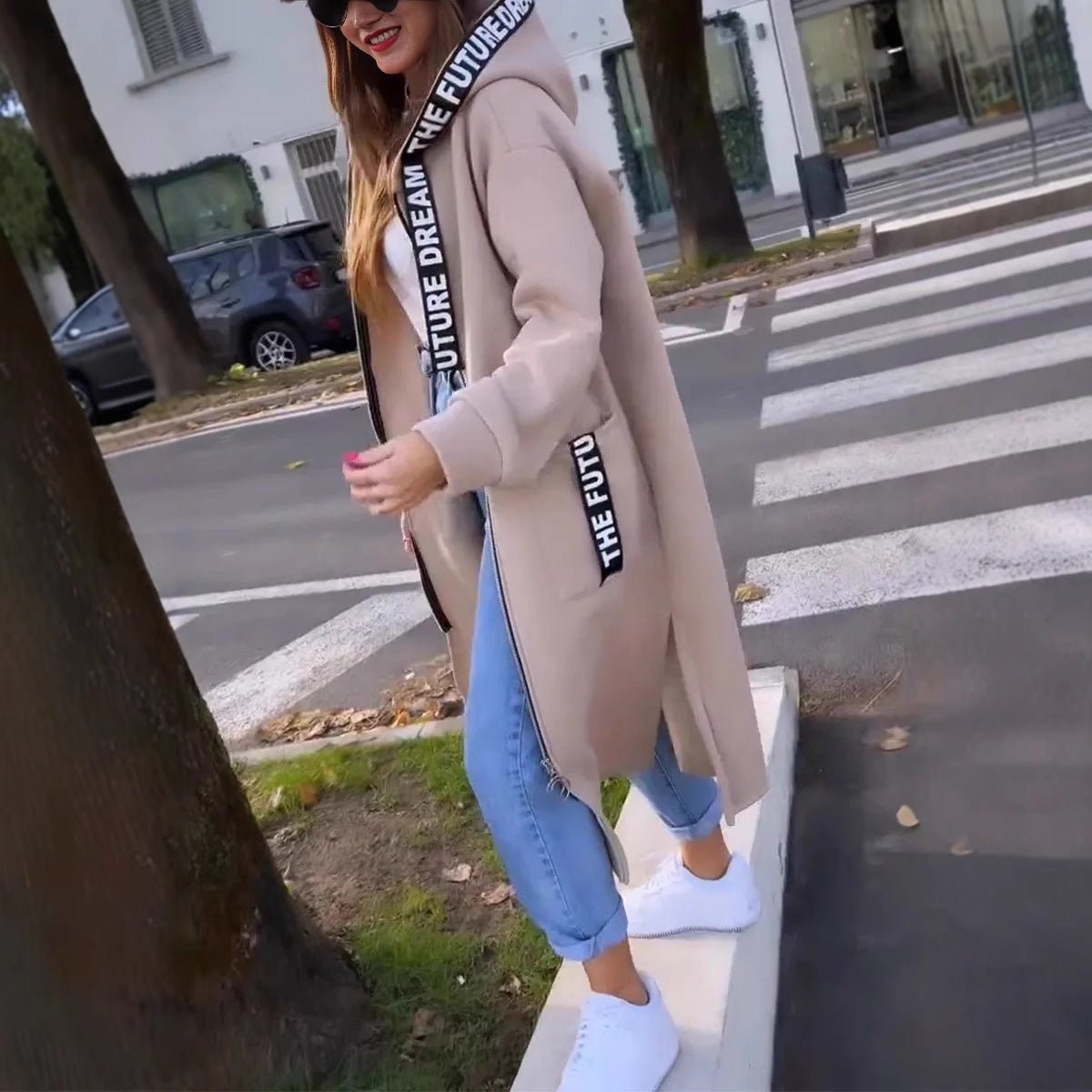 Women's Oversized Hooded Coat Long Zip-Up with Logo Detail
