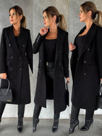 Women's Double-Breasted Longline Coat with Gold Buttons