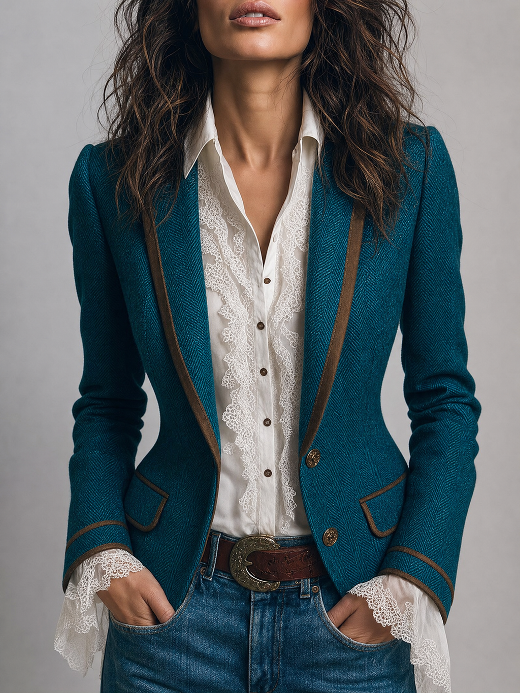 Karmen | Herringbone Fitted Contrast Trim Blazer