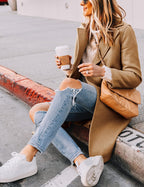 Women's Notch Lapel Longline Coat with Side Pockets