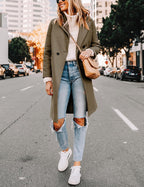 Women's Notch Lapel Longline Coat with Side Pockets